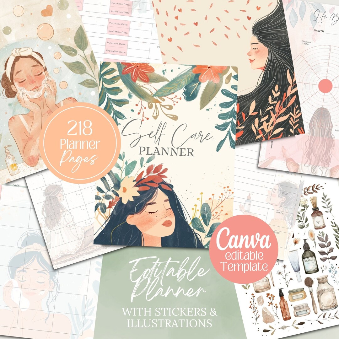 PLR Self Care Planner Journal Kit Png and Canva Templates, Self-care ...