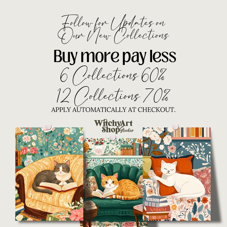 Cats and Books Cottagecore Clipart featuring 40 PNG files sized 5x7”. Includes cozy, romantic designs for junk journaling, scrapbooking, planners, and wall art. High-resolution files with commercial use license for digital and print projects.