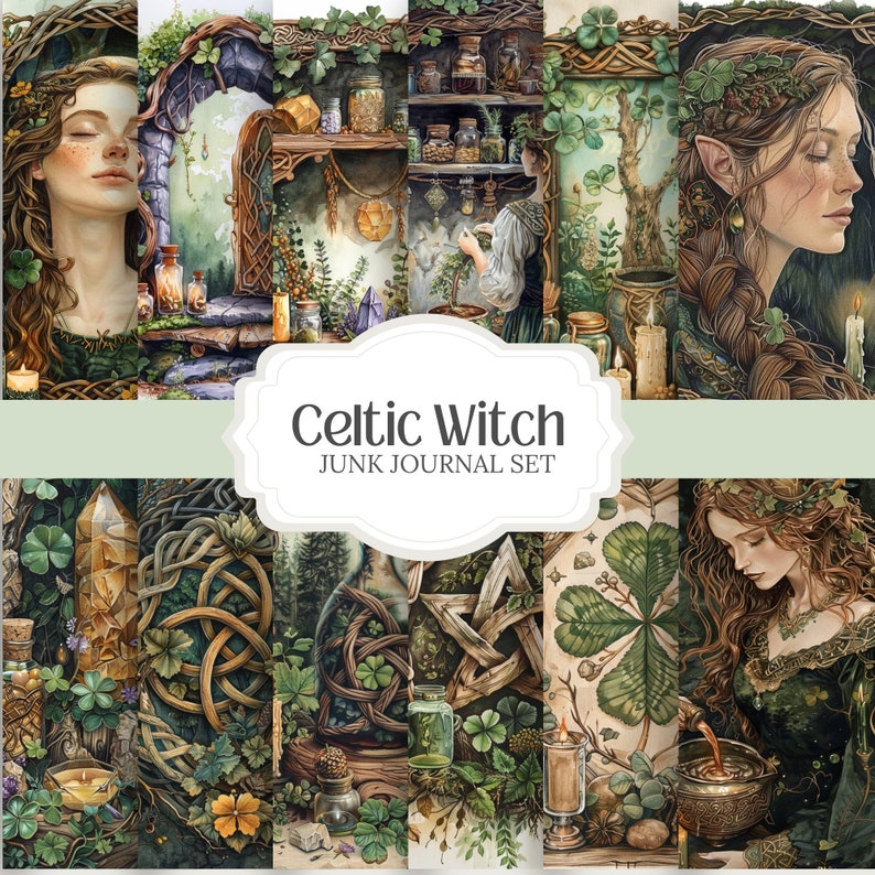 Whimsical Celtic witch-themed watercolor PNG images, including  elements like border pages, clipart, and ephemera. Perfect for Book of Shadows, Grimoire, junk journals, scrapbooks, and witchy planner designs. green witch projects.