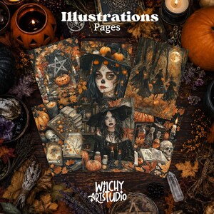 Pu&ograve; includere: Una collezione di stampe artistiche rettangolari con illustrazioni autunnali scure di streghe, zucche, teschi e candele. Le stampe sono disposte su una superficie di legno scuro, con il testo "Illustrations Pages" e "Witchy ArtStudio" visibile.