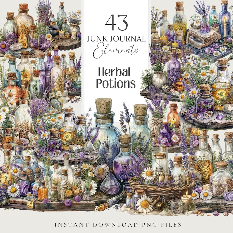 May include: A digital illustration featuring a collection of glass bottles filled with herbal potions and flowers. The image includes text that reads "43 Junk Journal Elements Herbal Potions" and "Instant Download PNG Files."