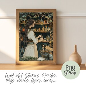 Whimsical Celtic witch-themed watercolor PNG images, including  elements like border pages, clipart, and ephemera. Perfect for Book of Shadows, Grimoire, junk journals, scrapbooks, and witchy planner designs. green witch projects.