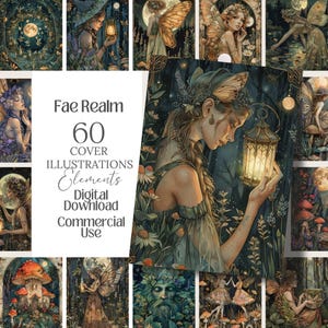 May include: A collection of 60 digital illustrations with a fantasy theme. The artwork features fairies, mushrooms, and forest scenes. The text on the image reads "Fae Realm" and "Digital Download Commercial Use."