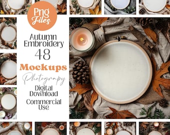 Puede incluir: Una colección de 48 maquetas de bordado otoñal. Las imágenes presentan bastidores de bordado con tela en blanco, rodeados de follaje otoñal, velas y piñas. El texto "Autumn Embroidery Mockups" es visible.