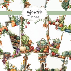 Veggie farm gardening PNG set with over 330 elements. Includes clipart, ephemera, and border pages ideal for junk journaling, scrapbooking, grimoire pages, and green witch rituals. Designed for spring, summer, and botanical craft projects.