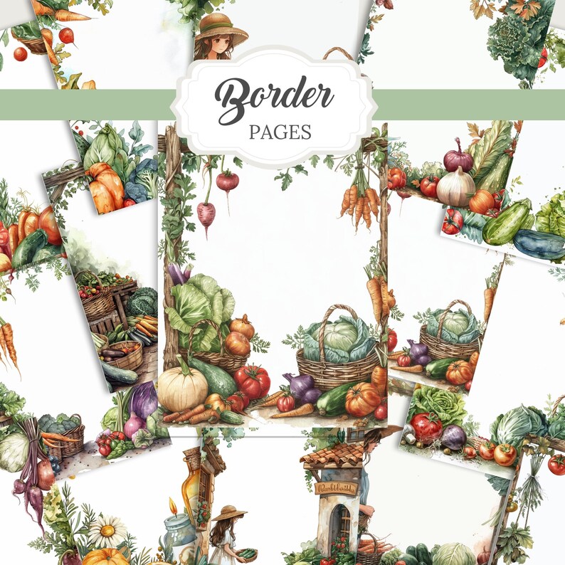 Veggie farm gardening PNG set with over 330 elements. Includes clipart, ephemera, and border pages ideal for junk journaling, scrapbooking, grimoire pages, and green witch rituals. Designed for spring, summer, and botanical craft projects.