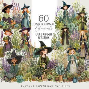 Clipart de Bruxa Verde Livro de Magia Herbal das Sombras Boticário Grimório PNG Pagão Natural Scrapbook Wicca Adesivos Diário de Bruxa Lixo Efêmera