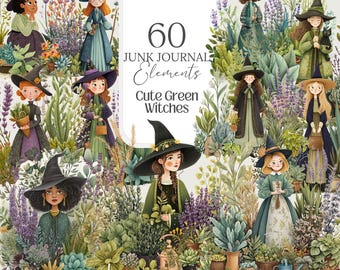 Sorcière verte Clipart livre magique des ombres à base de plantes apothicaire Grimoire PNG Scrapbooking païen naturel wicca Stickers Witchy Junk Journal éphémères