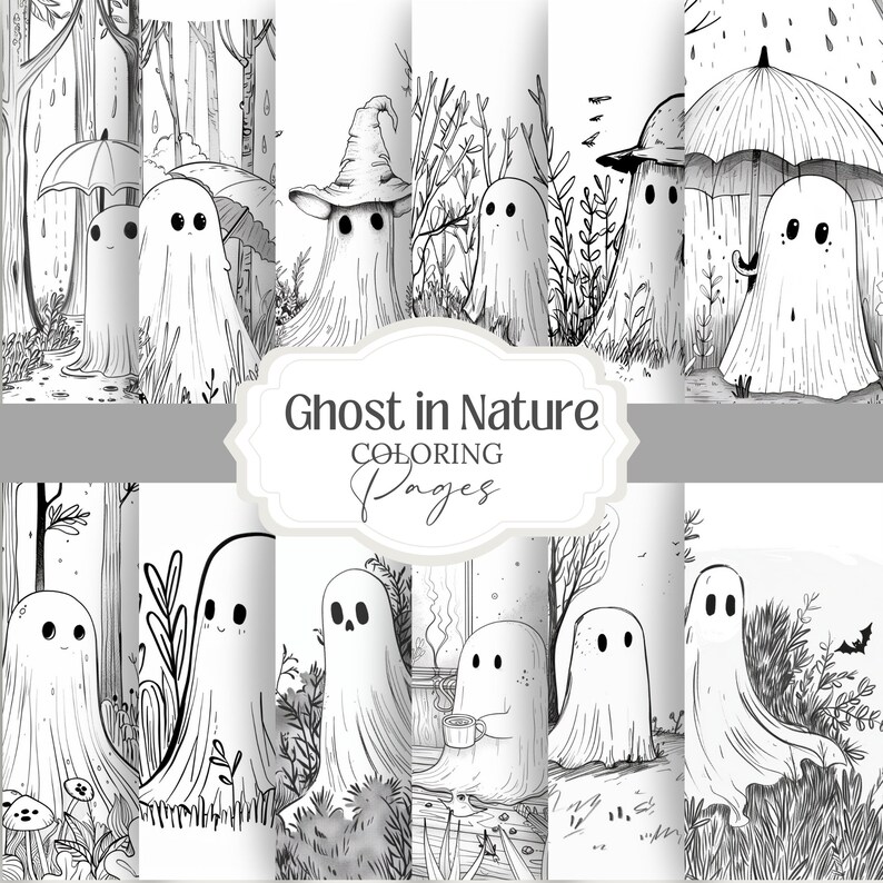 Cute Ghost 2 halloween spooky Coloring Pages book kawaii, anime, scary, teen party, kids activities, magic grayscale, witch, stress relief