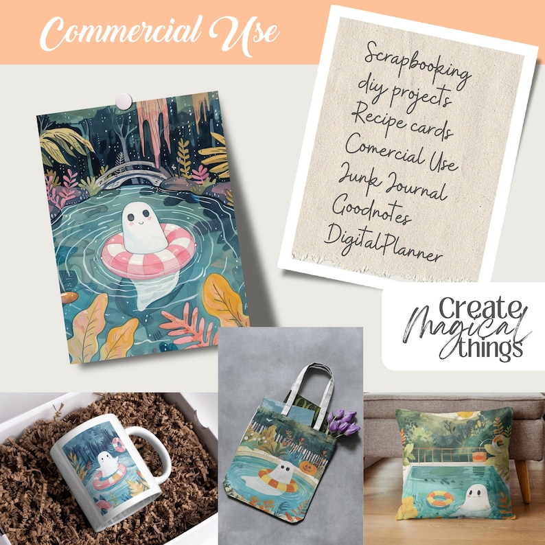 Summerween cute Ghost Printable Cards postcards png, Whimsical wallpaper, Illustration, junk journal, scrapbook Wall art, greeting card tags