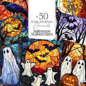 Peut inclure: Une collection d'éléments de vitrail sur le thème d'Halloween pour les journaux de rebut. Les images présentent des chauves-souris, des fantômes, des citrouilles et un corbeau, le tout dans des couleurs vives. Le texte indique "+50 Junk Journal Elements Halloween Stained Glass."