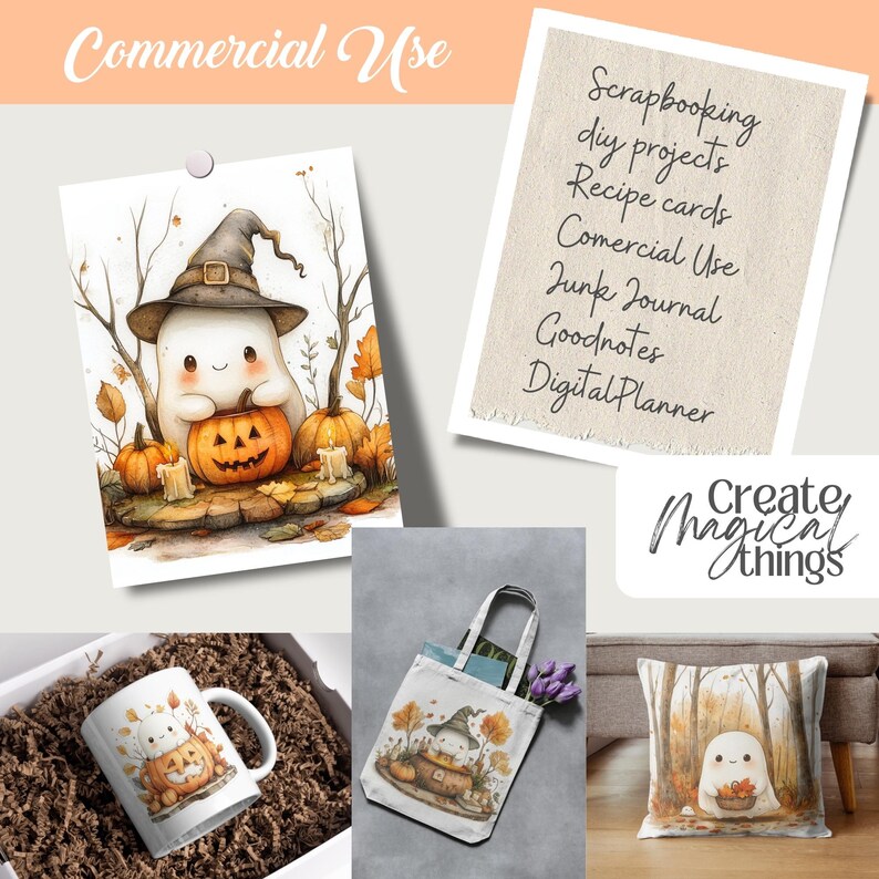 Collection of 100+ adorable cute fall autumn ghost watercolor PNG images, perfect for scrapbooking, planners, grimoire covers, Books of Shadows, and cozy autumn crafts