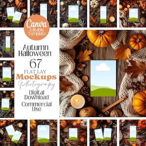Könnte beinhalten: Ein Flat-Lay-Mockup mit Kürbissen, Blättern, Kerzen und einem gemütlichen Pullover. Das Bild enthält den Text "Autumn Halloween 67 Flat Lay Mockups Photography Digital Download Commercial Use" und eine Canva-Vorlage.