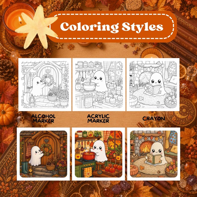 May include: A digital display showing colouring styles for three ghost illustrations. The top row features black and white line art of a ghost at a door, in a kitchen, and reading by a fireplace. The bottom row shows the same scenes coloured in.