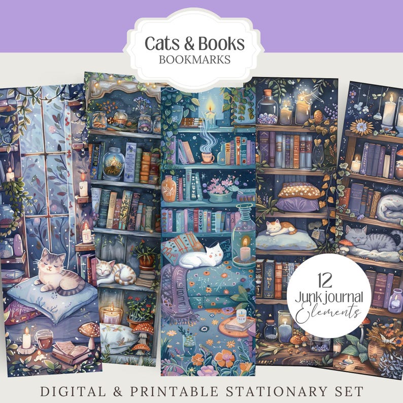 Cute Cats and Book Lovers Witchy Cozy Kitty Witch Bookworm Reading PNG images with a 1:3 ratio. Perfect for bookmarks, tags, labels, junk journals, scrapbooking, illustrations, clipart, sublimation, and stickers