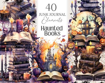 Haunted Books Clipart | Halloween Watercolor Stickers (40 PNG Images)