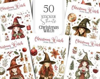 May include: A set of 50 Christmas Witch sticker sheets. Each sheet features a watercolor illustration of a witch with a red and black pointed hat, holding a cauldron or a cup of hot drink. The illustrations are surrounded by festive elements like holly, stars, and snow globes.