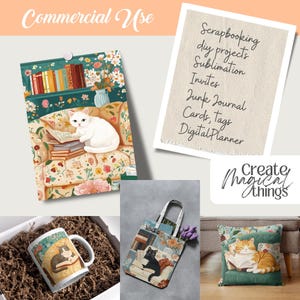 Cats and Books Cottagecore Clipart featuring 40 PNG files sized 5x7”. Includes cozy, romantic designs for junk journaling, scrapbooking, planners, and wall art. High-resolution files with commercial use license for digital and print projects.
