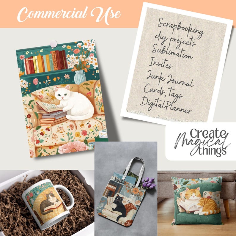 Cats and Books Cottagecore Clipart featuring 40 PNG files sized 5x7”. Includes cozy, romantic designs for junk journaling, scrapbooking, planners, and wall art. High-resolution files with commercial use license for digital and print projects.