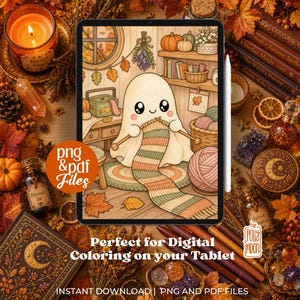 May include: A digital colouring page displayed on a tablet screen featuring a cute ghost knitting a striped scarf. The scene includes a cosy room with shelves, pumpkins, and yarn baskets. The image is surrounded by autumn-themed decor like dried leaves, crystals, and candles.