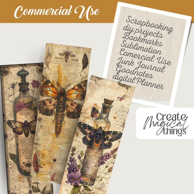 Collection of 28 Vintage Moth Specimen Celtic Botanical Witchy Apothecary PNG images with a 1:3 ratio. Perfect for bookmarks, tags, labels, junk journals, grimoire bookmarks, scrapbooking, illustrations, clipart, sublimation, stickers, and ephemera