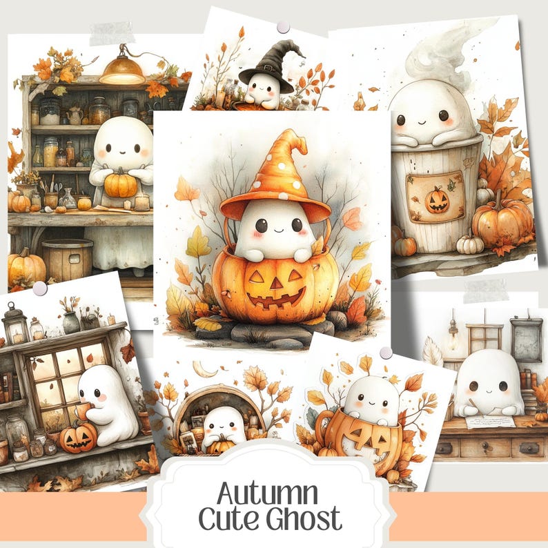 Collection of 100+ adorable cute fall autumn ghost watercolor PNG images, perfect for scrapbooking, planners, grimoire covers, Books of Shadows, and cozy autumn crafts