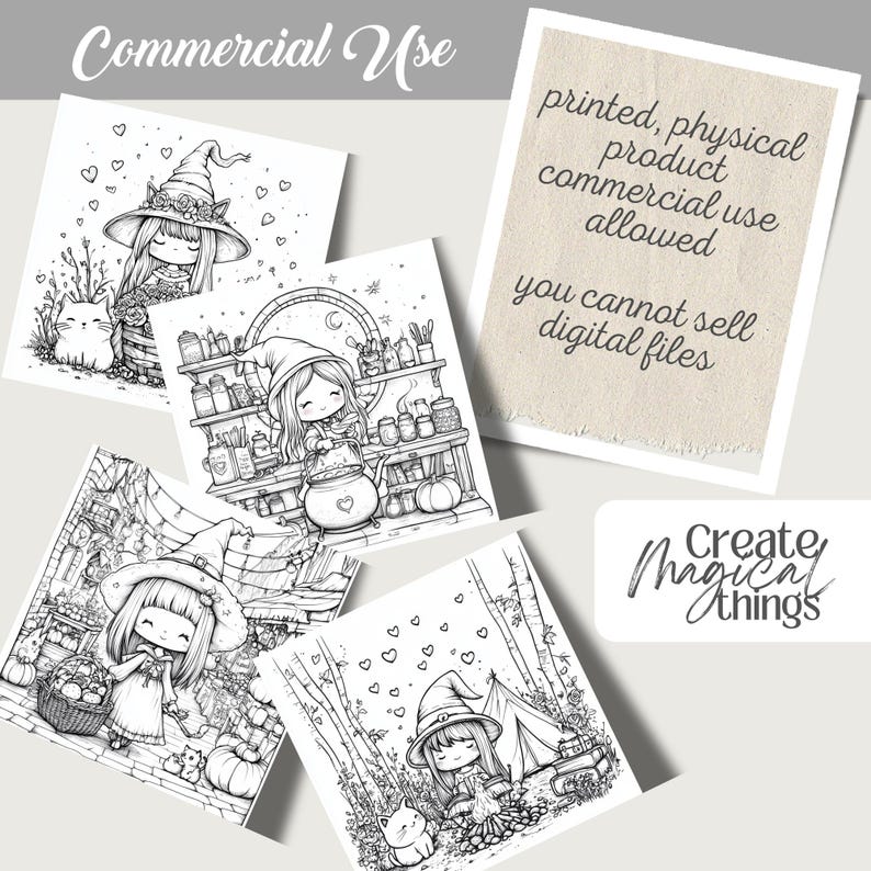 Cute Witchy Cottagecore Coloring Pages 75 PNG files sized 3000x3000px. Includes magical and whimsical designs for coloring, junk journaling, scrapbooking, and cozy crafts. files with commercial use license for digital and print projects.