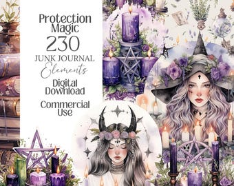 May include: Digital download of junk journal elements with a mystical theme. The image features illustrations of candles, a witch, a pentagram, and floral arrangements in shades of purple, green, and white. Text includes "Protection Magic 230 Junk Journal Elements Digital Download Commercial Use."