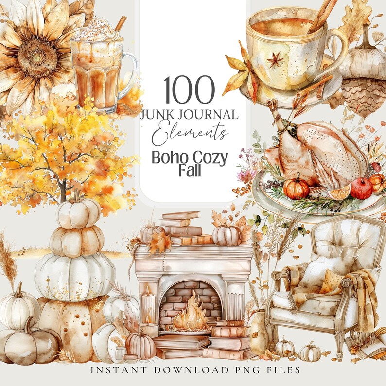 Collection of over 100 boho, cozy, neutral color fall/autumn watercolor PNG images with transparent backgrounds. Ideal for creating stickers, planners, scrapbooks, junk journals, ephemera, sublimation crafts, and various DIY projects