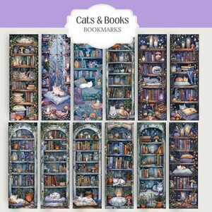 Cute Cats and Book Lovers Witchy Cozy Kitty Witch Bookworm Reading PNG images with a 1:3 ratio. Perfect for bookmarks, tags, labels, junk journals, scrapbooking, illustrations, clipart, sublimation, and stickers