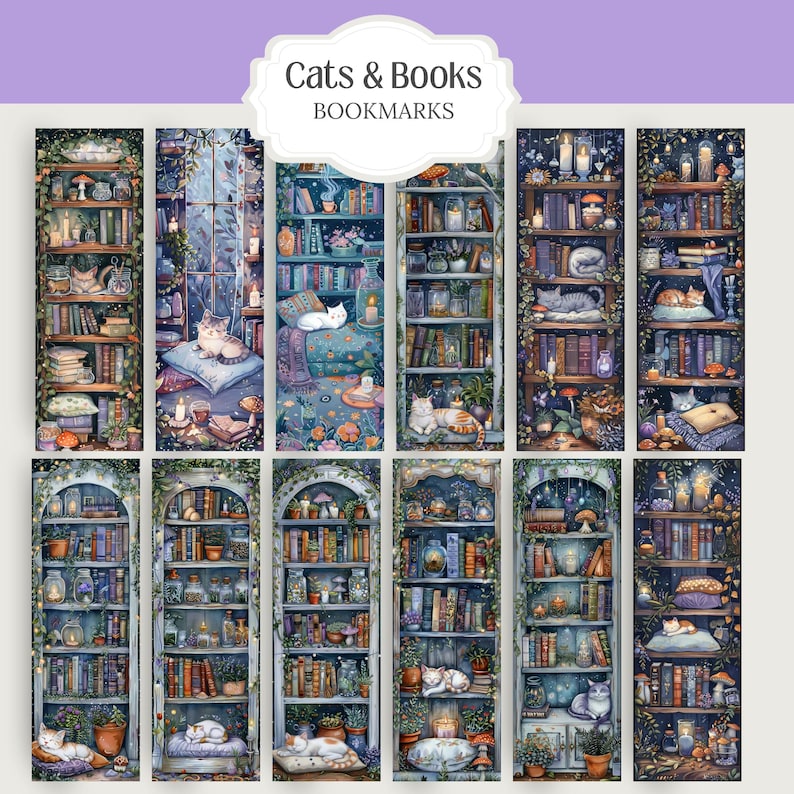 Cute Cats and Book Lovers Witchy Cozy Kitty Witch Bookworm Reading PNG images with a 1:3 ratio. Perfect for bookmarks, tags, labels, junk journals, scrapbooking, illustrations, clipart, sublimation, and stickers
