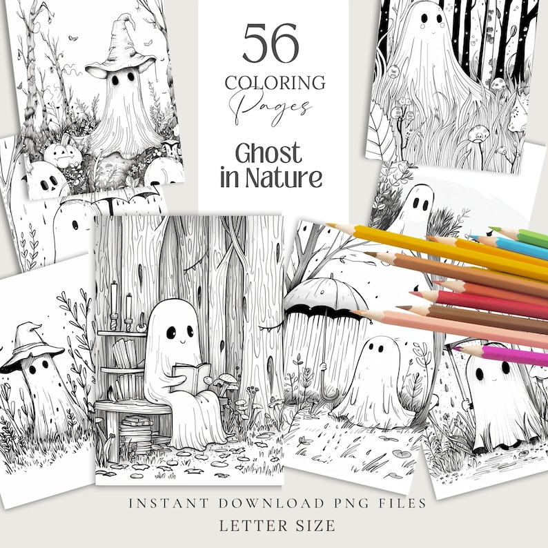 Cute Ghost 2 halloween spooky Coloring Pages book kawaii, anime, scary, teen party, kids activities, magic grayscale, witch, stress relief