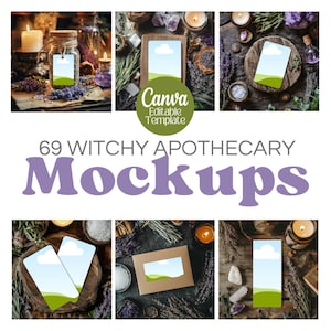 以下が含まれることがあります： 69種類の魔女の薬局のモックアップのセット。キャンドル、ハーブ、クリスタル、その他の魔法の要素を使ったさまざまなシーンが特徴です。製品、ブランド、デザインを展示するのに最適です。