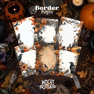 Pu&ograve; includere: Una collezione di sei pagine rettangolari con bordi a tema autunnale e di Halloween. I disegni includono illustrazioni di zucche, girasoli, teschi, corvi neri, pipistrelli, ragnatele e boccette di vetro su sfondi bianchi.