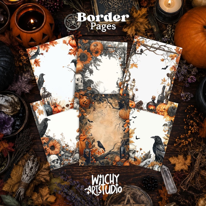 Pu&ograve; includere: Una collezione di sei pagine rettangolari con bordi a tema autunnale e di Halloween. I disegni includono illustrazioni di zucche, girasoli, teschi, corvi neri, pipistrelli, ragnatele e boccette di vetro su sfondi bianchi.