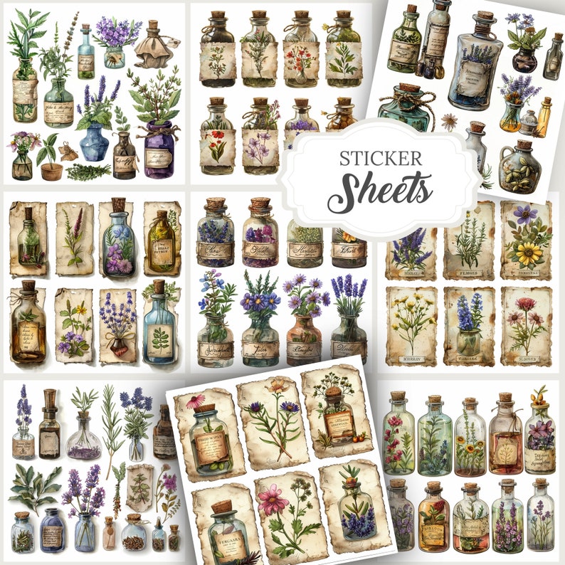 May include: A collection of sticker sheets featuring vintage-style illustrations of apothecary bottles, vials, and botanical elements. The designs include various flowers, herbs, and labels, with a rustic, aged paper aesthetic. The text "Sticker Sheets" is also visible.