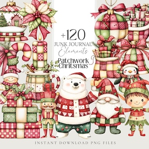 Può includere: Oltre 120 elementi digitali di diario di scarto di Natale in patchwork. L'immagine mostra una varietà di elementi festivi, tra cui un orso polare, un pinguino, uno gnomo, un elfo, uno schiaccianoci, una canna di zucchero, una palla di neve, una candela e una varietà di regali e ornamenti. Tutti gli elementi sono in stile patchwork con colori rosso, verde e bianco.