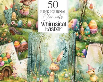 May include: 50 whimsical Easter junk journal elements featuring watercolor illustrations of bunnies, eggs, and woodland creatures. The illustrations are in a pastel color palette and feature a variety of textures.