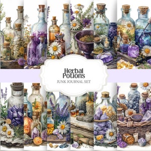 May include: A watercolor illustration of a junk journal set featuring various glass bottles with cork stoppers, filled with herbs, crystals, and liquids. The bottles are arranged with daisies, lavender, and other botanicals. The text "Herbal Potions" and "Junk Journal Set" is displayed.