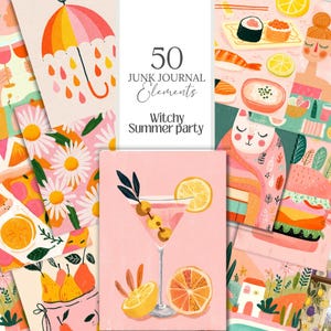 May include: A collage of colorful illustrations with a summer theme. Includes images of a cocktail, umbrella, sushi, and a cat. Text reads "50 Junk Journal Elements" and "Witchy Summer Party".
