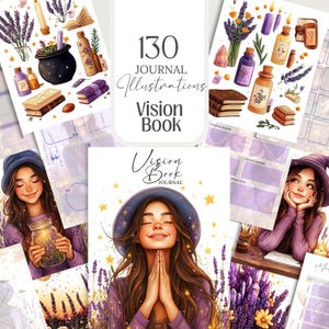 Vision Book Witchy Planner with 35 planner pages, 82 mystical illustrations, and 16 sticker sheets. Letter-sized printable set for vision boards, manifestation journals, and spiritual notebooks. Includes commercial use for physical products.