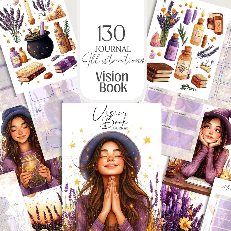 Vision Book Witchy Planner with 35 planner pages, 82 mystical illustrations, and 16 sticker sheets. Letter-sized printable set for vision boards, manifestation journals, and spiritual notebooks. Includes commercial use for physical products.