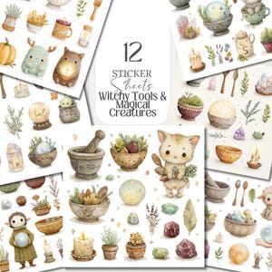 Słodkie czarownice png Arkusz naklejek Magiczne stworzenie Czarownica Wymyślne cięcie Przytulna czarownica Planer życia Naklejka domek czarownicy Album ze zdjęciami clipart Ephemera