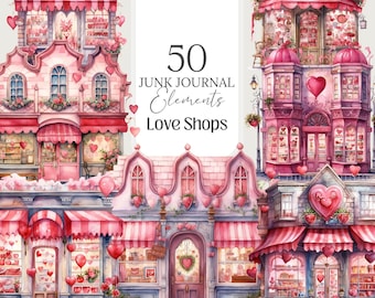 May include: 50 Junk Journal Elements Love Shops. Watercolor illustration of three pink and white shops with candy hearts, flowers, and a red awning.  The shops are decorated for Valentine's Day.