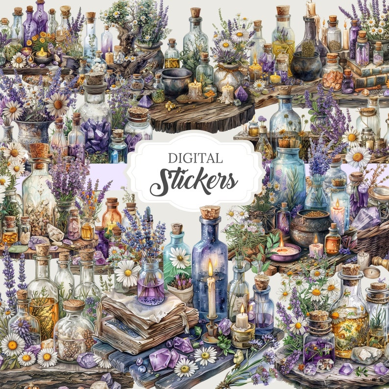 May include: A collection of digital stickers featuring apothecary bottles, lavender, daisies, candles, and crystals. The bottles are filled with colorful liquids and herbs, with cork stoppers. The text "DIGITAL Stickers" is displayed in a white frame.