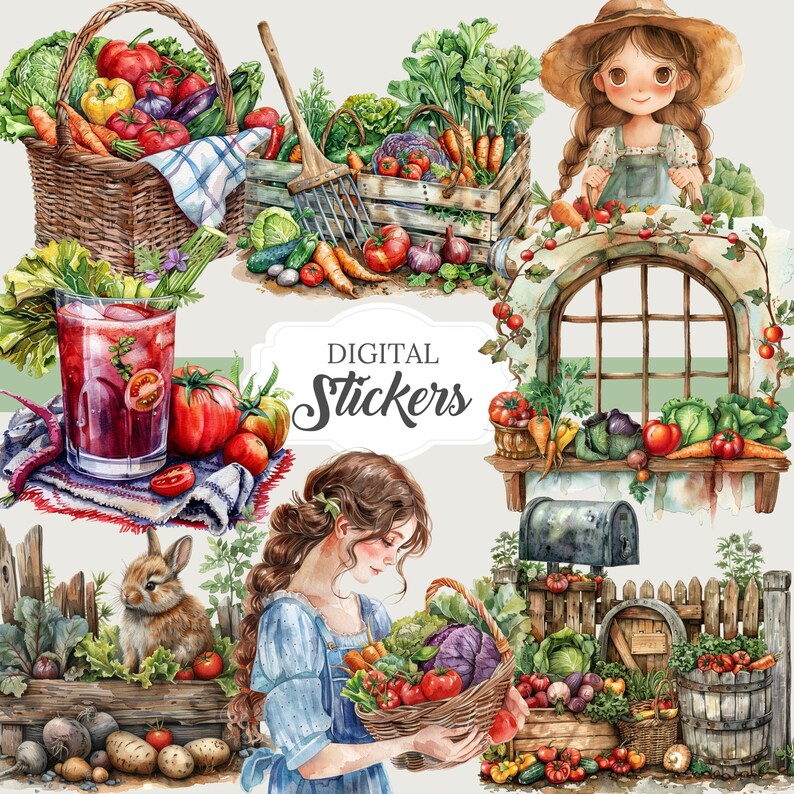 Veggie farm gardening PNG set with over 330 elements. Includes clipart, ephemera, and border pages ideal for junk journaling, scrapbooking, grimoire pages, and green witch rituals. Designed for spring, summer, and botanical craft projects.
