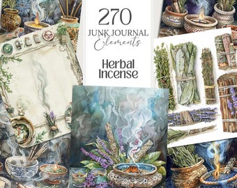 Herbal Incense Watercolor Clipart: 270 Junk Journal Elements (PNG Digital)