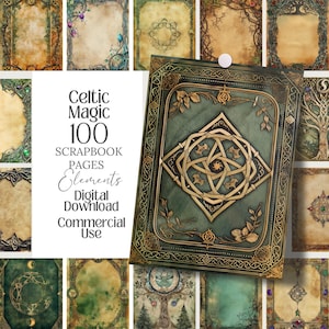 May include: A digital scrapbook kit with a Celtic theme. The cover of the kit is a dark green with gold filigree and a central knot design. The text on the cover reads "Celtic Magic 100 Scrapbook Pages Elements Digital Download Commercial Use."