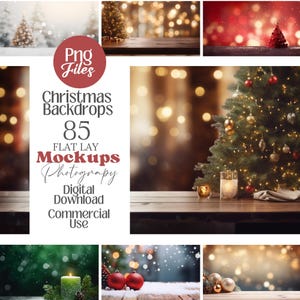 Puede incluir: Una colección de fondos navideños con varias escenas festivas. Las imágenes incluyen árboles de Navidad decorados, luces bokeh y efectos de nieve. El texto en la imagen dice "Png Files, Christmas Backdrops, 85 Flat Lay Mockups, Photography, Digital Download, Commercial Use."