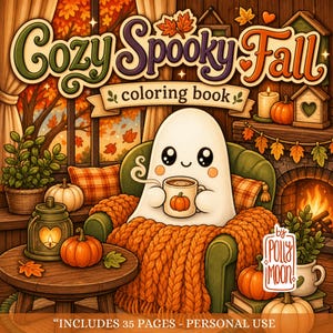 May include: A coloring book titled Cozy Spooky Fall by Polly Moon featuring a cute ghost sitting in a green armchair with a pumpkin mug, wrapped in an orange knit blanket, surrounded by autumn decor, pumpkins, and a fireplace, includes 35 pages.